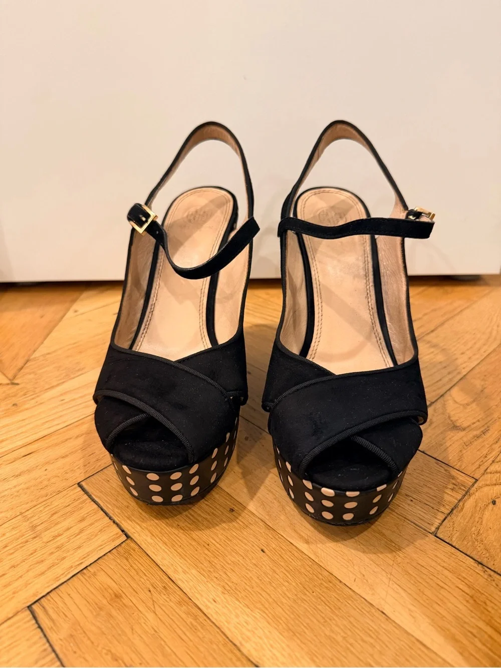 Tory Burch Black Suede Polka Dot Platform Wedge Sandals Size 11